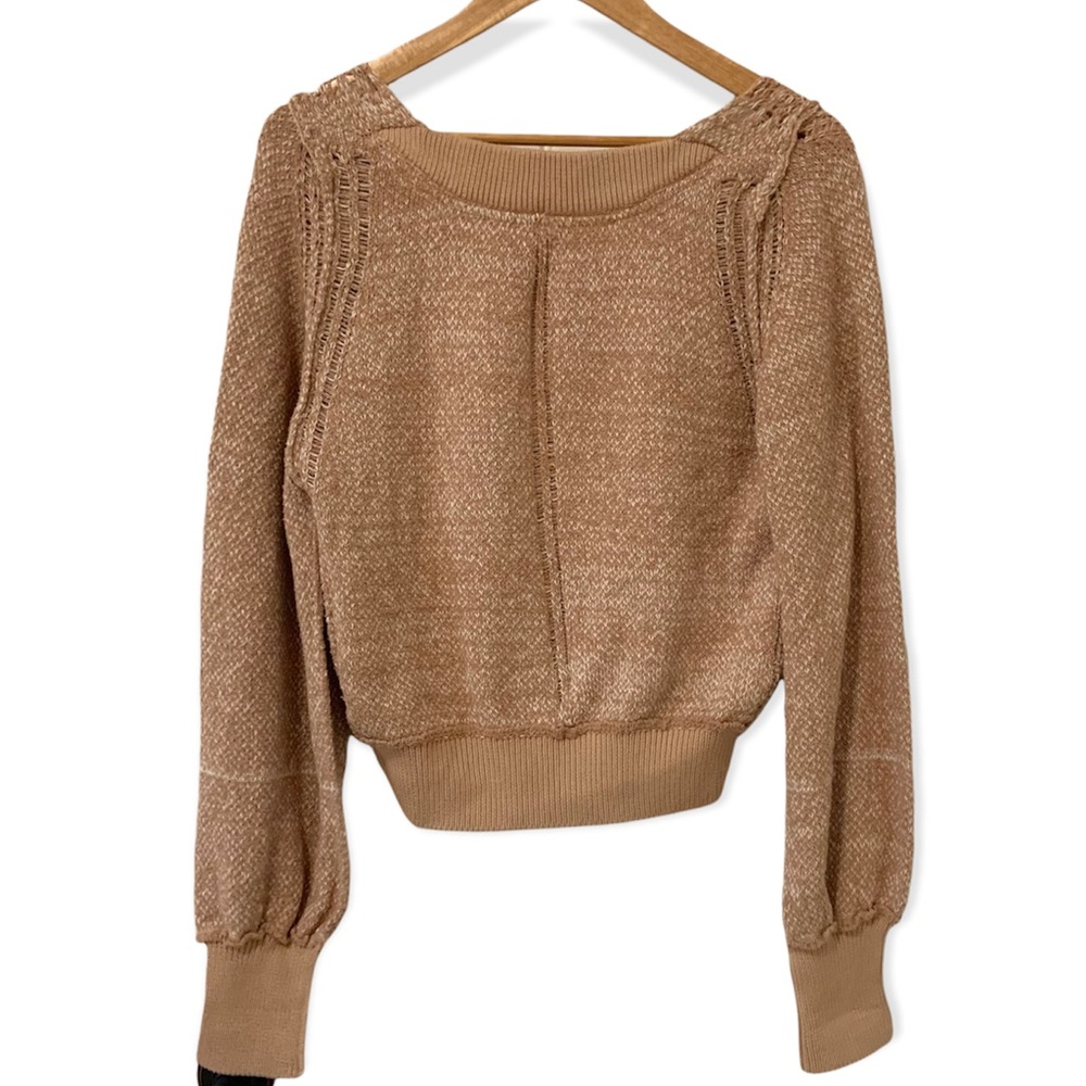 Free People Beige Pink Sand Combo Textured Long Sleeve V Neck Sweater - Picture 4 of 12